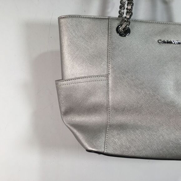 Women's Calvin Klein Chain Saffiano Leather Tote Size 16"L x 4.5"W x 10"H - Silv - Picture 10 of 14